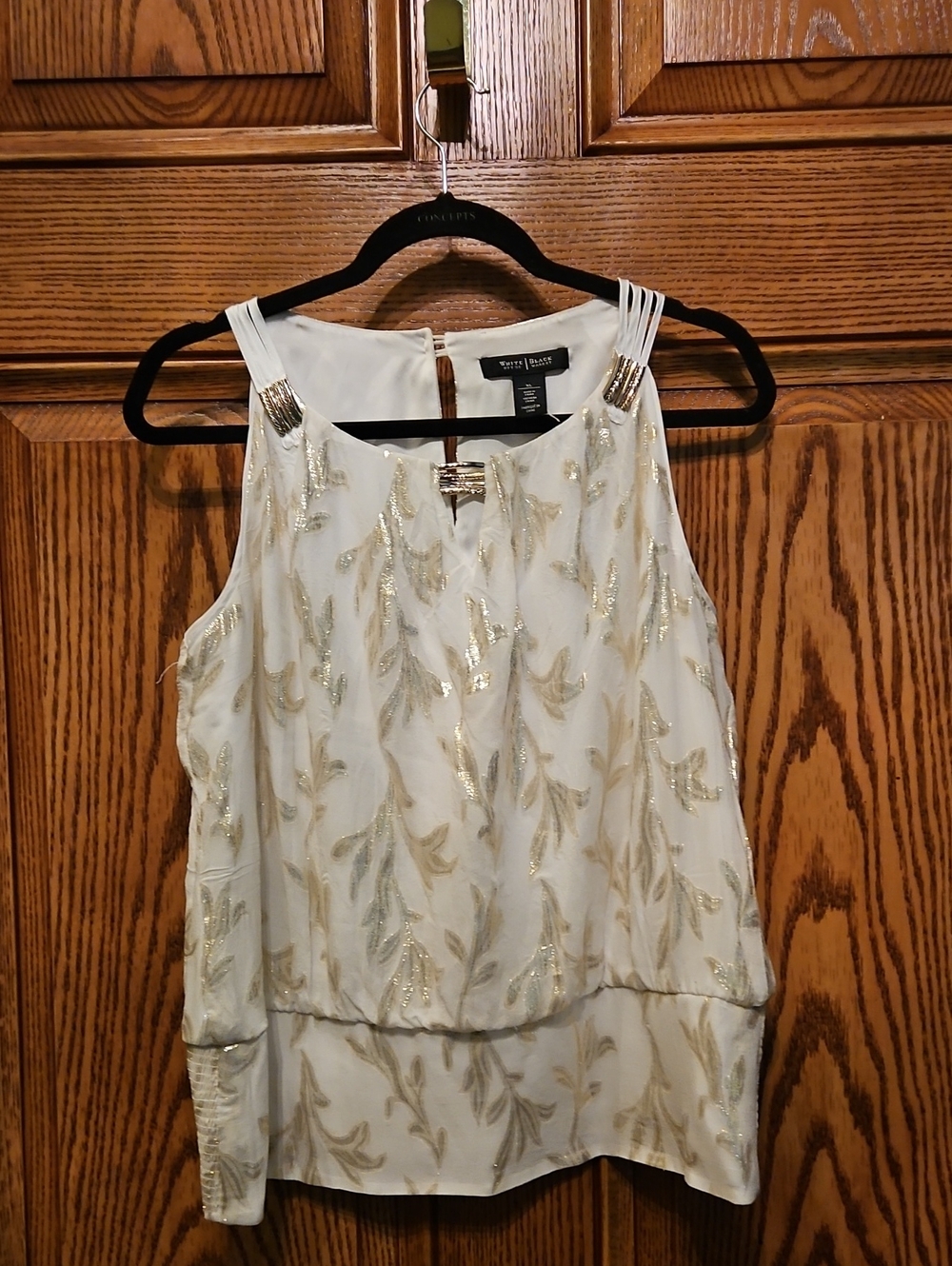 White House Black Market White Top with Gold Leaf Embellishment
